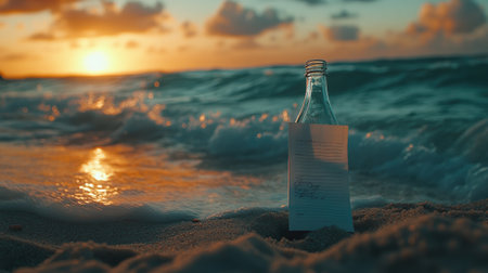 Clear glass bottle with a rolled note half-buried in sand beside crashing wavesの素材