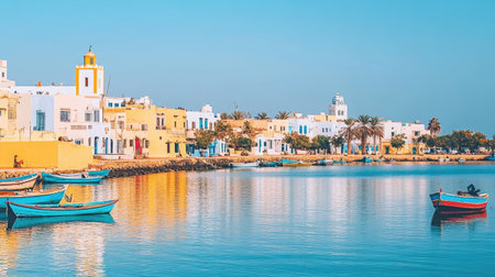 Calm bay with fishing boats and pastel-colored buildings along the waterfrontの素材