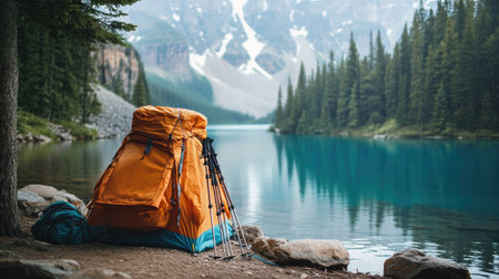 Backpack and trekking poles leaning against a tent pitched beside a serene alpine lakeの素材