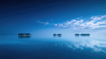 Calm morning light hitting Maldives overwater bungalows, with shadows on tranquil blue seaの素材