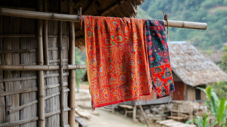 Colorful sarong blowing on a makeshift bamboo clothesline beside a hutの素材