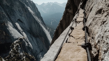 Cliffside path with safety cables leading around a vertical rock face, thrilling and scenicの素材