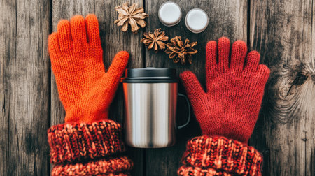 Collection of cold-weather travel gear gloves, thermal socks, travel mug, and hand warmersの素材