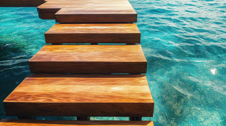 Close-up of wooden steps from a water villa descending into the vibrant reef-filled oceanの素材