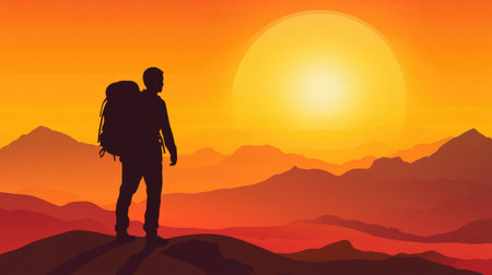 Desert sunset with lone backpack standing in silhouette on sand dunesの素材