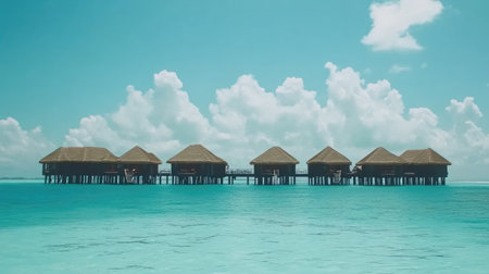 Distant view of resort bungalows from a sandy Maldivian beach with turquoise water foregroundの素材