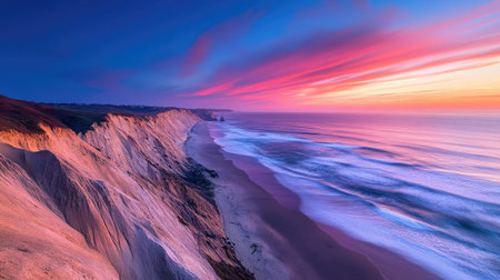 Dramatic cliffs rising above a coastal shoreline with waves crashing below and a colorful sunset on the horizonの素材