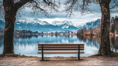 Empty bench facing a quiet alpine lake with snow-capped mountains reflecting on the waterの素材