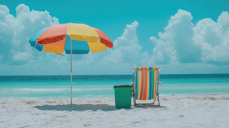 Folded beach chair and cooler under a vibrant umbrella facing open oceanの素材