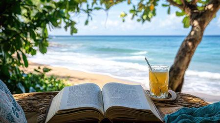 Open book and drink placed on a sun chair with ocean breeze fluttering the pagesの素材