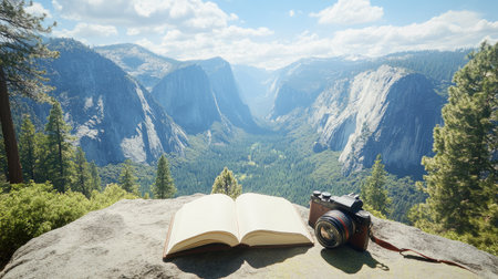 Open notebook and camera placed on a stone ledge at a cliffside viewpointの素材
