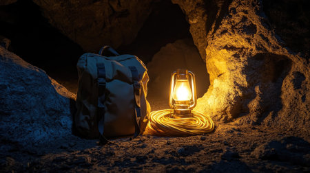 Remote cave entrance with backpack set beside a torch and coiled rope on the groundの素材
