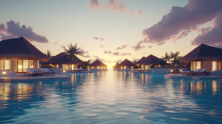 Overwater bungalow interior lights glowing at twilight over Maldives' glassy sea surfaceの素材