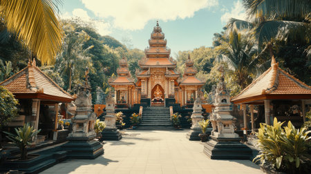 Quiet temple courtyard with symmetrical architecture and serene ambianceの素材