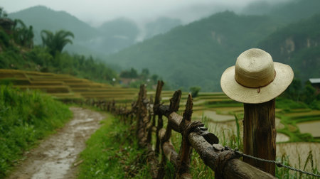 Path through a rice terrace with one hat left hanging on a fence postの素材