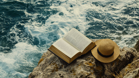 Open book on a rock by the sea with crashing waves and a hat beside it, symbolizing peaceful solitudeの素材
