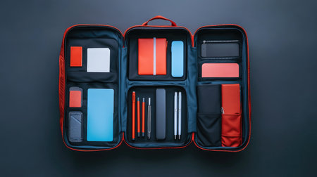Open backpack with organized compartments showing tech gear, notebook, and travel documentsの素材