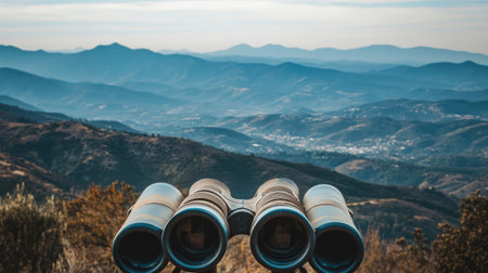 Scenic viewpoint with binoculars facing a vast mountain range, symbolizing explorationの素材