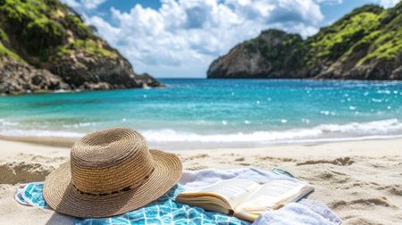 Quiet beach cove with a straw hat and book left on a towel in the sandの素材