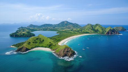 Remote tropical island with white sand beach and vibrant ocean colorsの素材