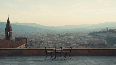 Rooftop terrace with one chair and small table overlooking an old European townの素材