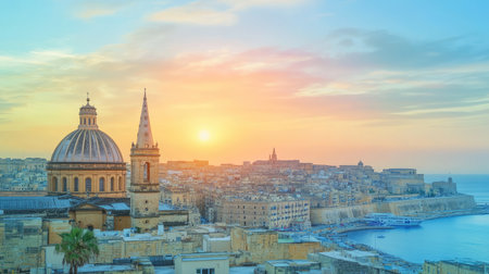 Rooftop view over historic city with domes and towers against morning skyの素材