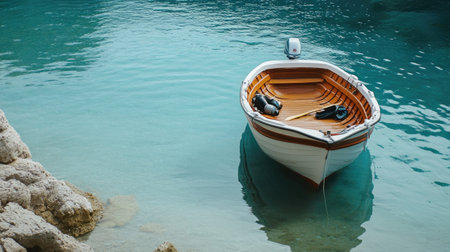 Small boat anchored close to shore in shallow blue water with snorkeling gear on deckの素材