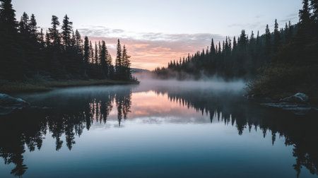 Small pond surrounded by dense forest with mist rising from the water at sunriseの素材