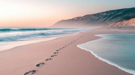 Scenic shoreline with footprints leading to a distant tide pool under a soft pink skyの素材