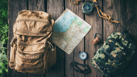 Travel gear including backpack, map, and compass arranged on a rustic wooden table outdoorsの素材