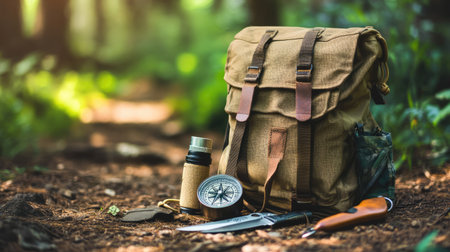 Travel backpack surrounded by essentials like compass, flashlight, and pocketknife on forest groundの素材