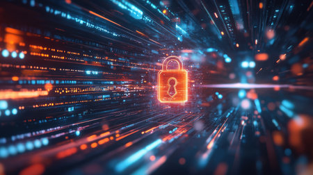 D padlock hologram hovering over binary code streams and digital interfacesの素材