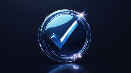D checkmark icon in glossy dark blue embedded in a circular badge-style shape with light effectsの素材