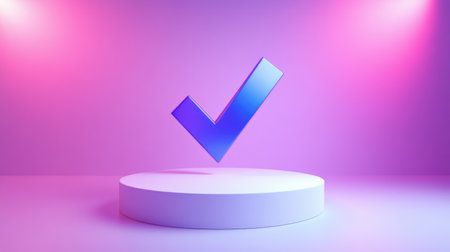 Minimalist background with D glossy dark blue checkmark standing on matte white platform, surrounded by soft lightingの素材