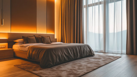 Modern hotel room with king-size bed, neutral tones, large windows, and ambient lighting creating a relaxing travel environmentの素材