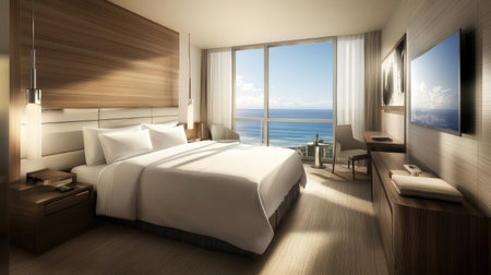 Minimalist hotel room design featuring clean white linens, wall-mounted TV, and natural wood accentsの素材