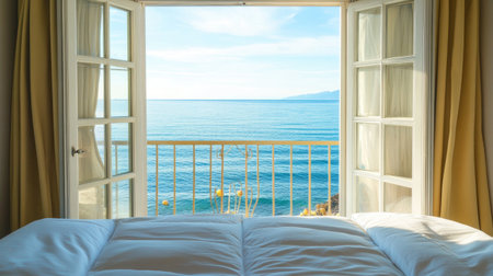Seaside hotel room interior with balcony doors open to view of beach and natural light flooding inの素材