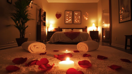 Romantic hotel suite with heart-shaped towel decor on bed, rose petals, and ambient mood lightingの素材