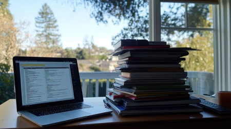 Stack of reference programming books on table next to laptop running real-time app development toolsの素材