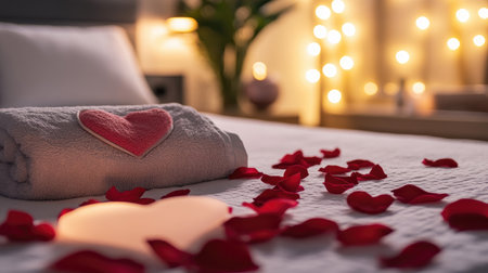 Romantic hotel suite with heart-shaped towel decor on bed, rose petals, and ambient mood lightingの素材