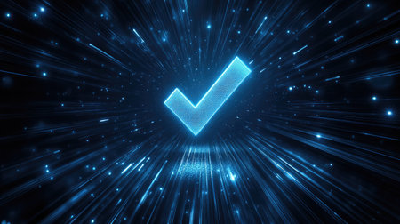 Tech-themed dark blue D checkmark rotating in space with digital sparkles and soft trailsの素材