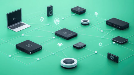 Visualization of IoT architecture with interconnected smart devices and central control systemsの素材