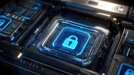 Secure server rack glowing with digital padlock graphics symbolizing data protectionの素材