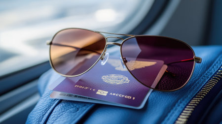 Aviator sunglasses beside airplane boarding pass and passport on travel bagの素材