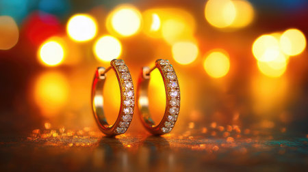 Diamond-studded hoop earrings positioned near a vanity mirror with blurred background lightsの素材