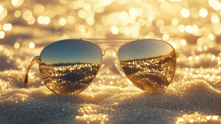 Elegant mirrored sunglasses on a clean white backdrop with golden lighting highlightsの素材