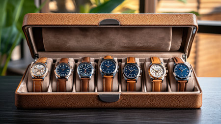 Exquisite watch case open to reveal multiple luxury timepieces under warm lightingの素材