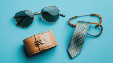 Flat lay of men's fashion accessories with tie clip, leather cuff, and aviator glassesの素材