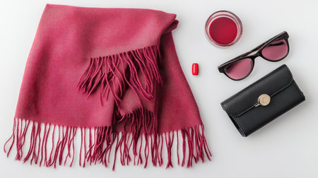 Flat lay of fashion flat scarf artfully paired with nail polish, clutch bag, and sunglassesの素材
