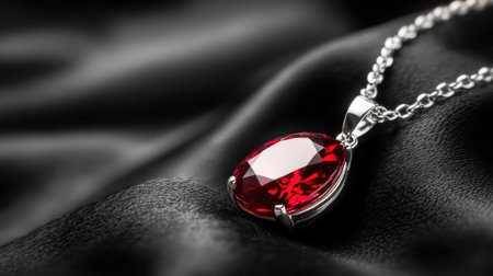 Ruby pendant necklace on black velvet with spotlight highlighting gemstone detailの素材